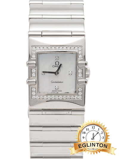 Omega White Mother Of Pearl Square Diamond Quadra Constellation Steel  Women's Watch 24MM