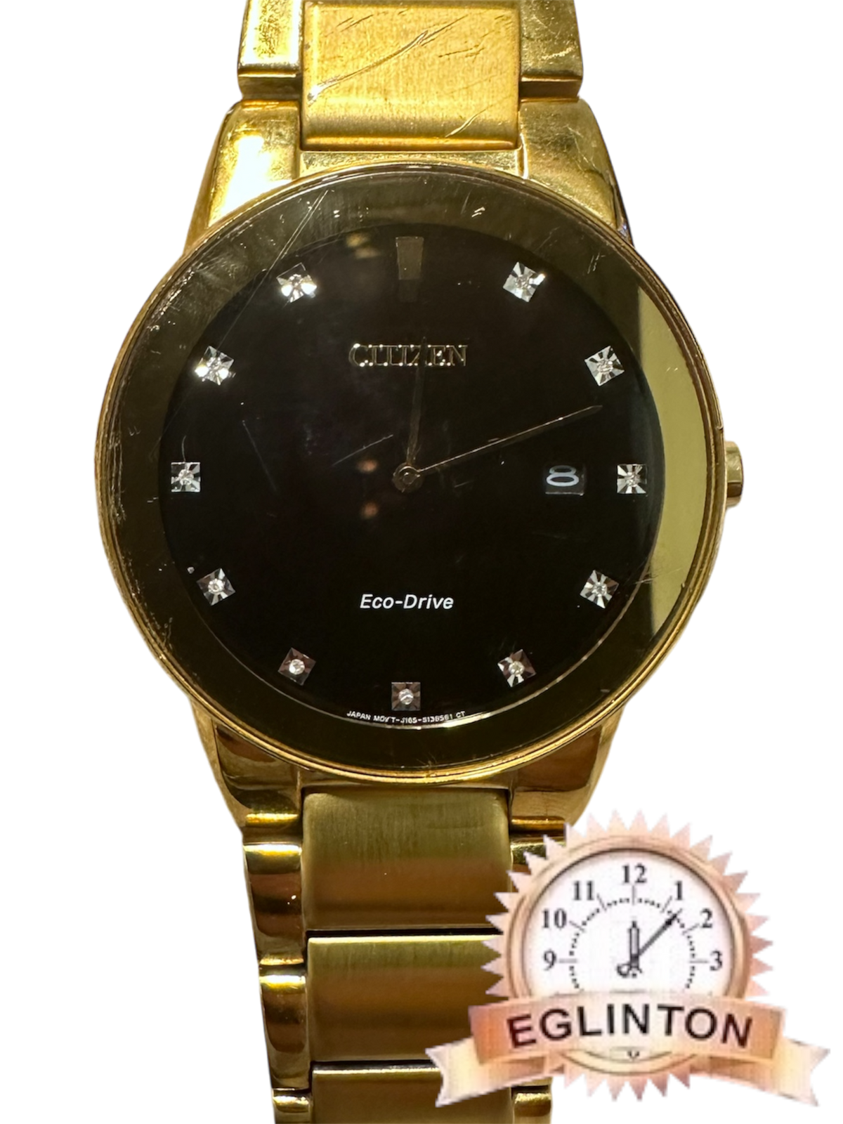 Citizen Eco Drive Mens Watch J165-S091250 Gold Tone Band Black Diamonds Face - Johny Watches