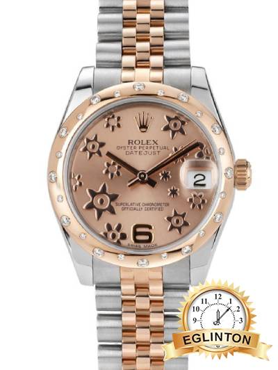 Rolex Two Tone Rose Datejust 31 Watch - 24 Diamond Bezel - Pink Champagne Floral Motif Dial - Jubilee Bracelet - 178341 "2012" - Johny Watches