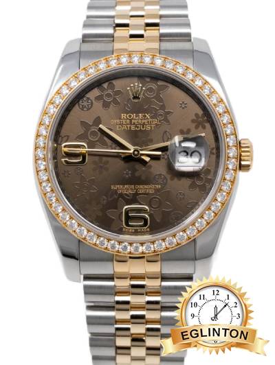 Rolex Datejust 36mm Chocolate Floral Dial Steel & Gold with Factory Diamond Bezel